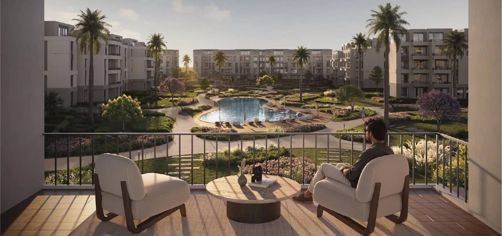 Terrace overlooking the gardens and water feature